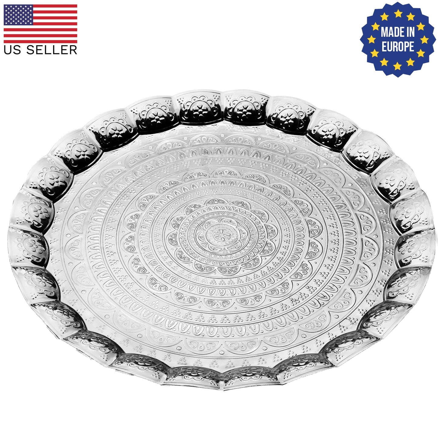 Handmade Wavy Round Serving Tray Embossed — 13.7 Inch