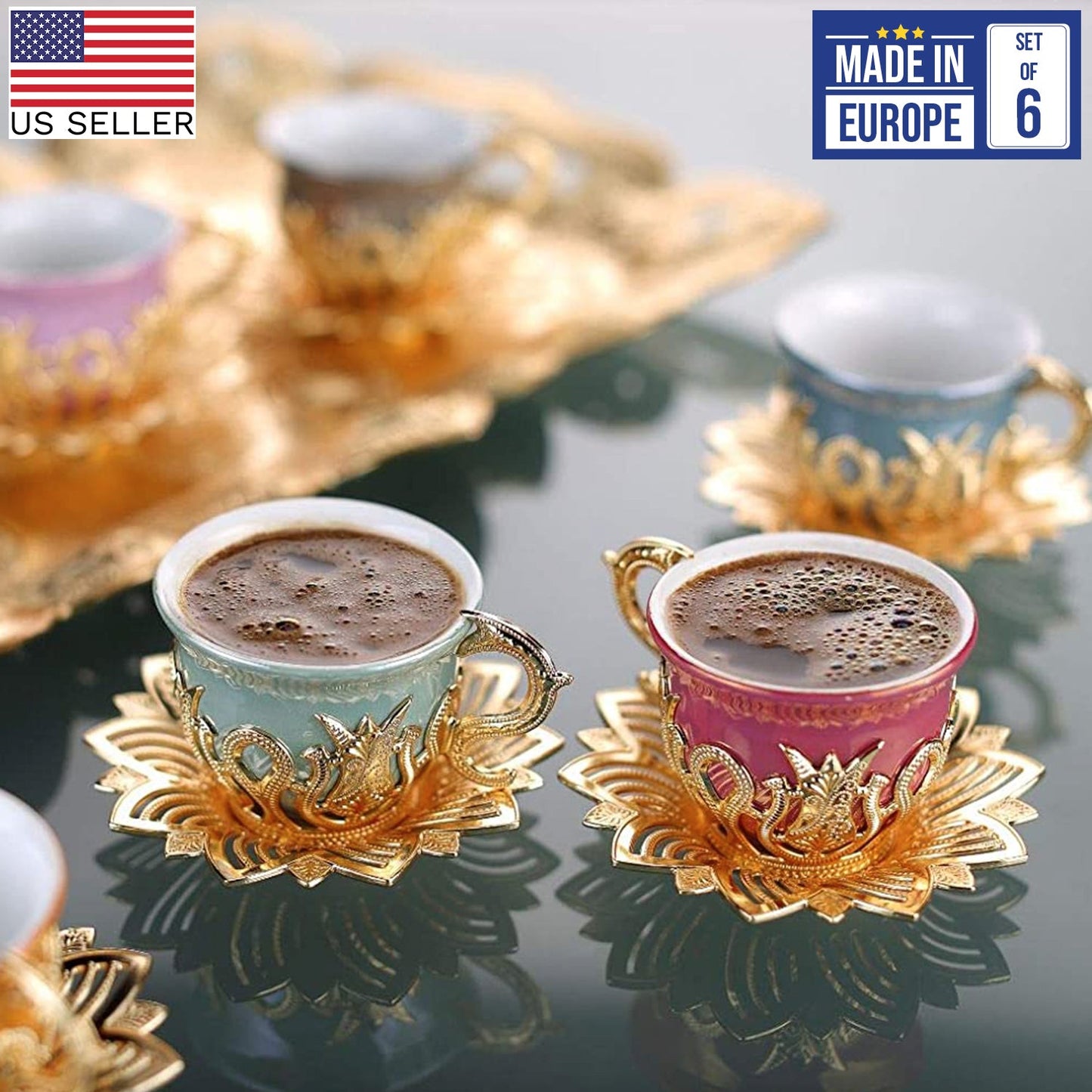 Turkish Coffee Cup Set Colorful 18 Piece — Ahsen, 2.5 Oz Gold