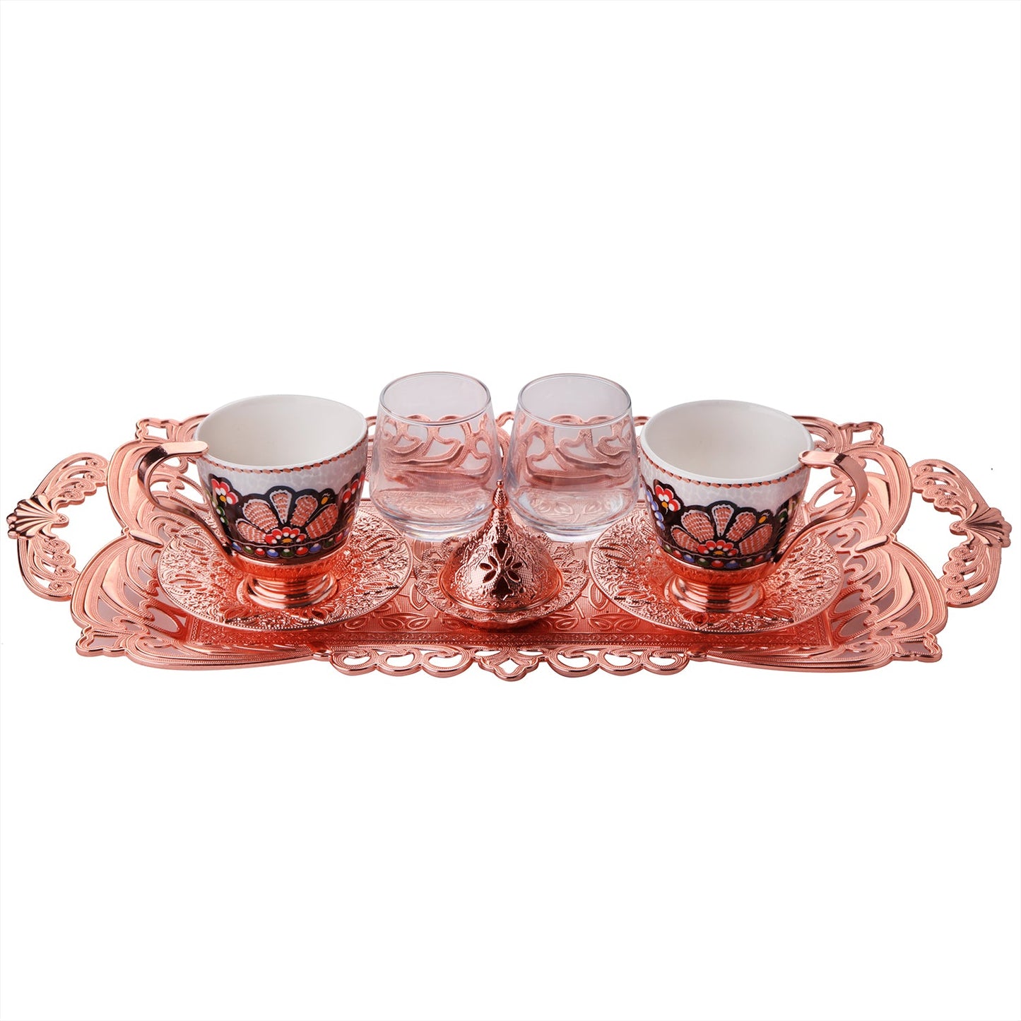 Turkish Coffee Cup Set for 2 with Bowl and Tray — Rosegold, 3 Oz