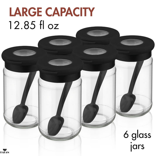 Glass Spice Jars Airtight Set of 6 with Spoons — 12.8 Oz