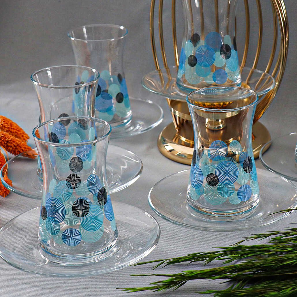 Turkish Tea Cups and Saucers 12 Piece — Pasabahce Hareli, 5.4 Oz
