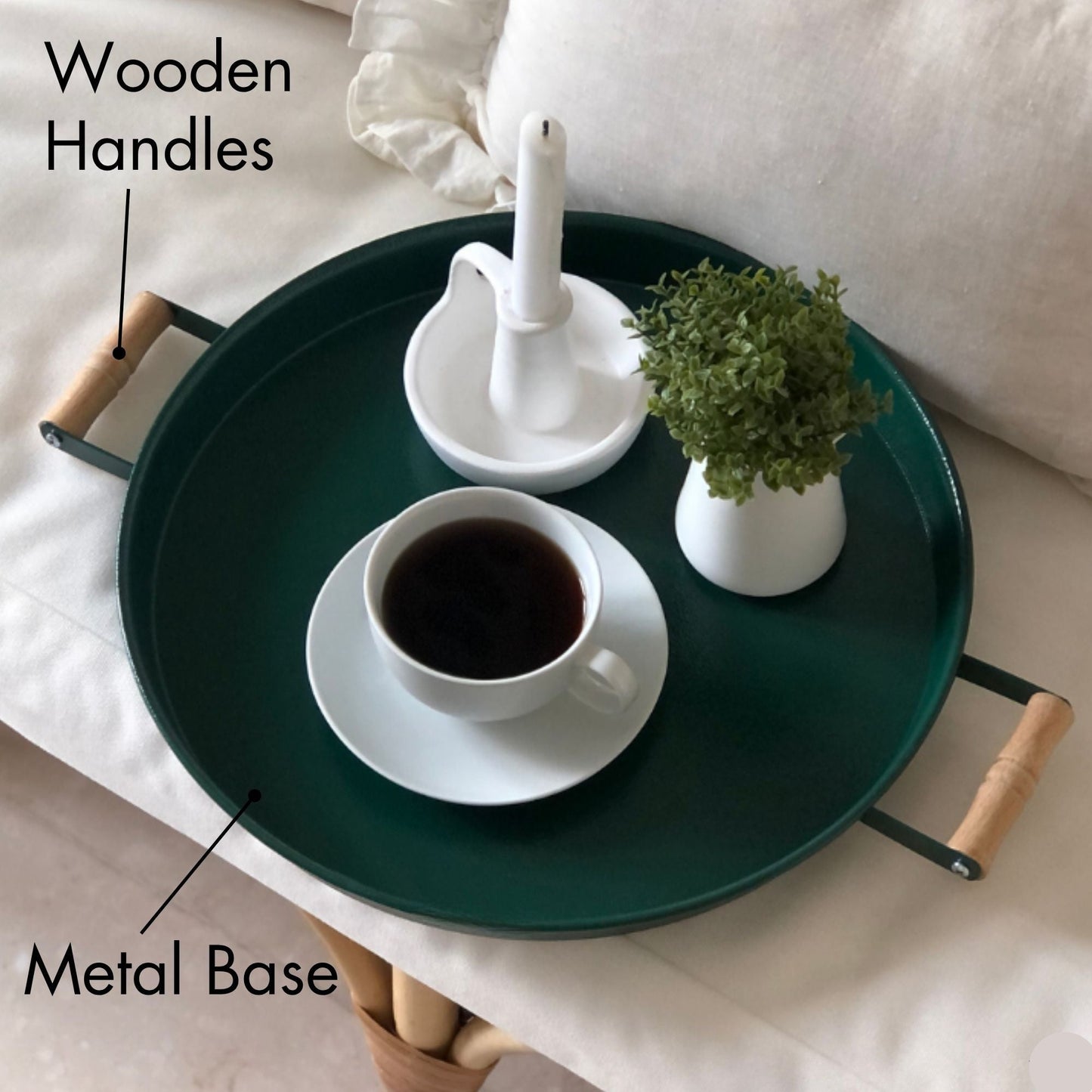 Serving Tray with Wooden Handles — Metal Base