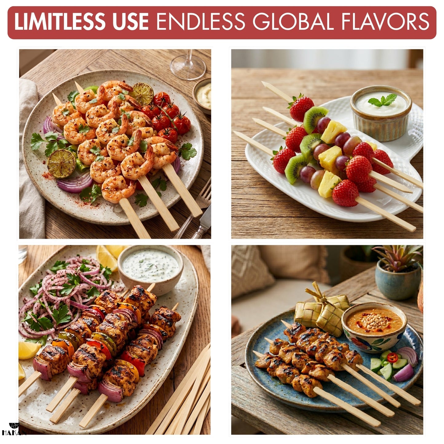 Hakan 9.8”x0.39" Bamboo BBQ Skewers, Flat Kabob Skewers for Grilling, 200 Pcs