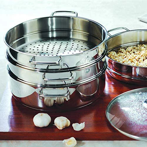 Korkmaz Perla Stainless Steel Steamer Pot with Glass Lid — 175.8 Oz
