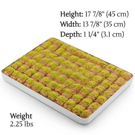 Rectangular tray with green and brown food item, dimensions, and weight displayed.