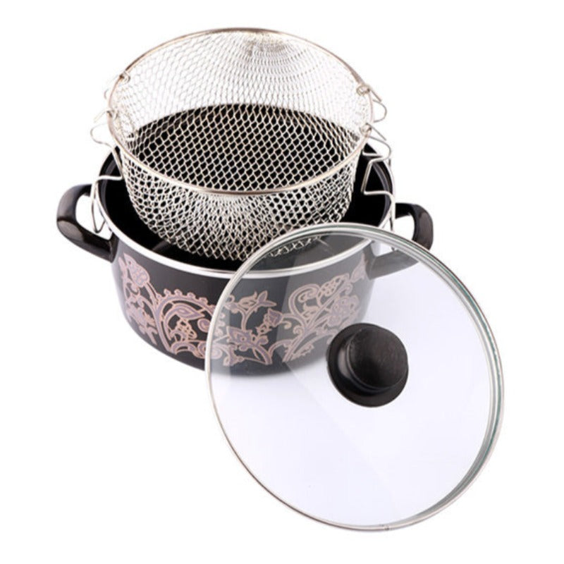 Enamel Deep Fryer Pot with Basket — Menzir Begonya, 3 Piece