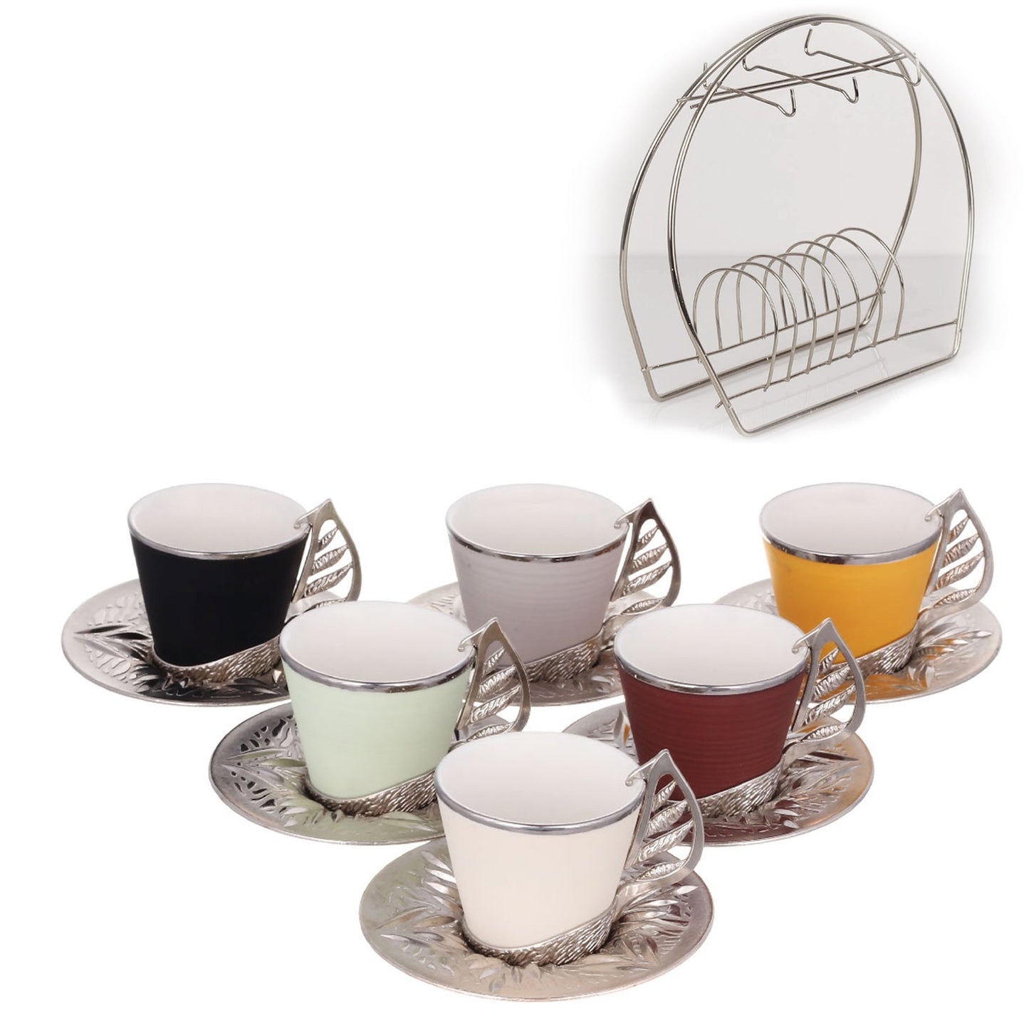 Turkish Coffee Cup Set Colorful with Stand — 19 Piece, 2.36 Oz