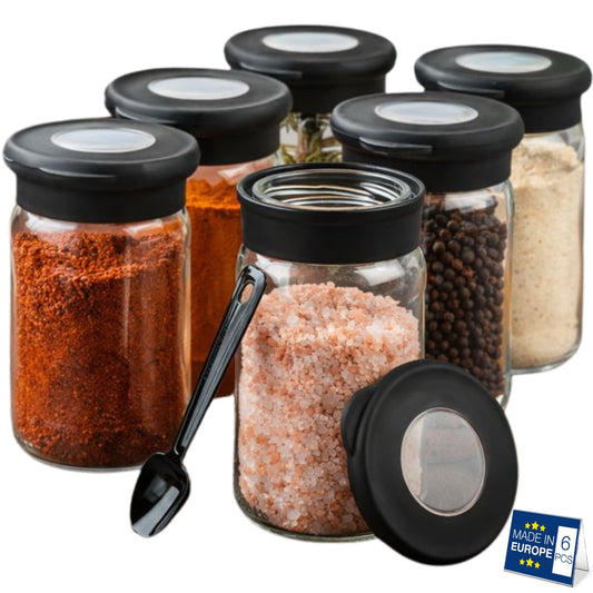 Glass Spice Jars Airtight Set of 6 with Spoons — 12.8 Oz
