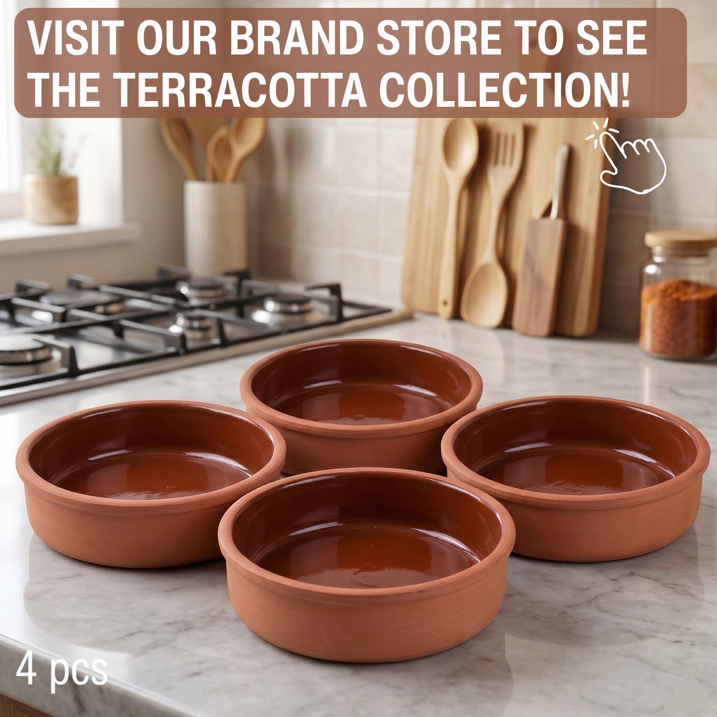 Terracotta bowls on a kitchen counter with promotional text for a brand store.