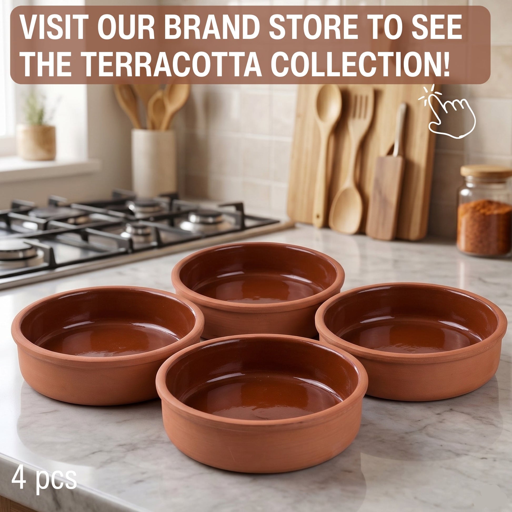 Terracotta bowls on a kitchen counter with promotional text for a brand store.