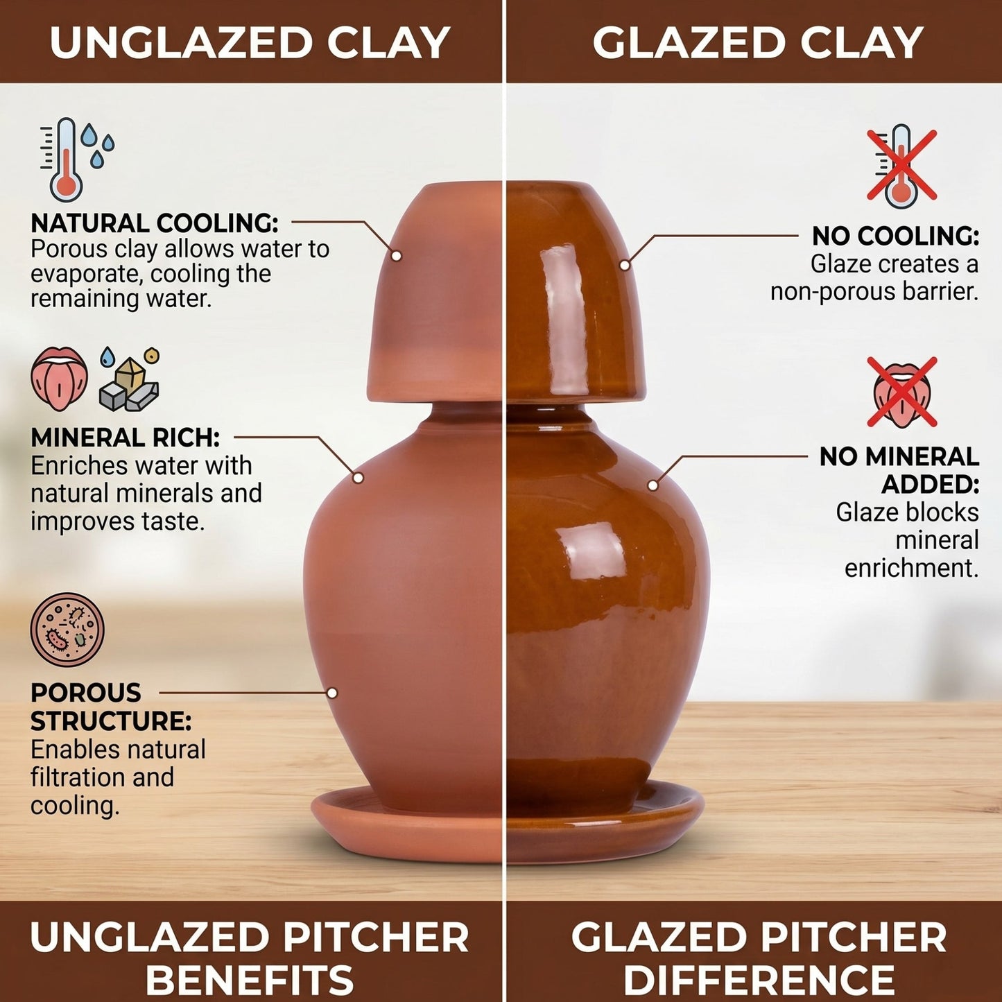 Comparison between unglazed and glazed clay pitchers with text explaining benefits and differences.