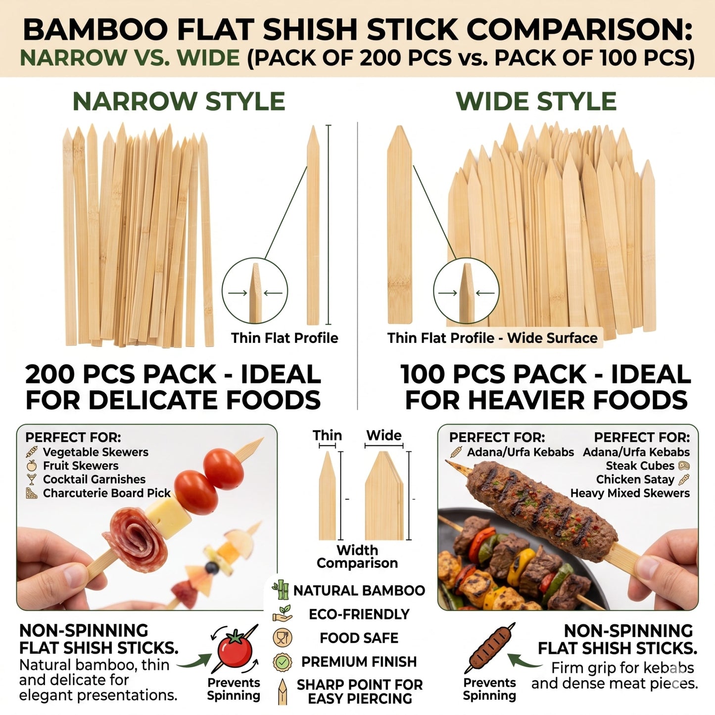 Hakan 9.8”x0.78" Bamboo BBQ Skewers, Flat Kabob Skewers for Grilling, 100 Pcs