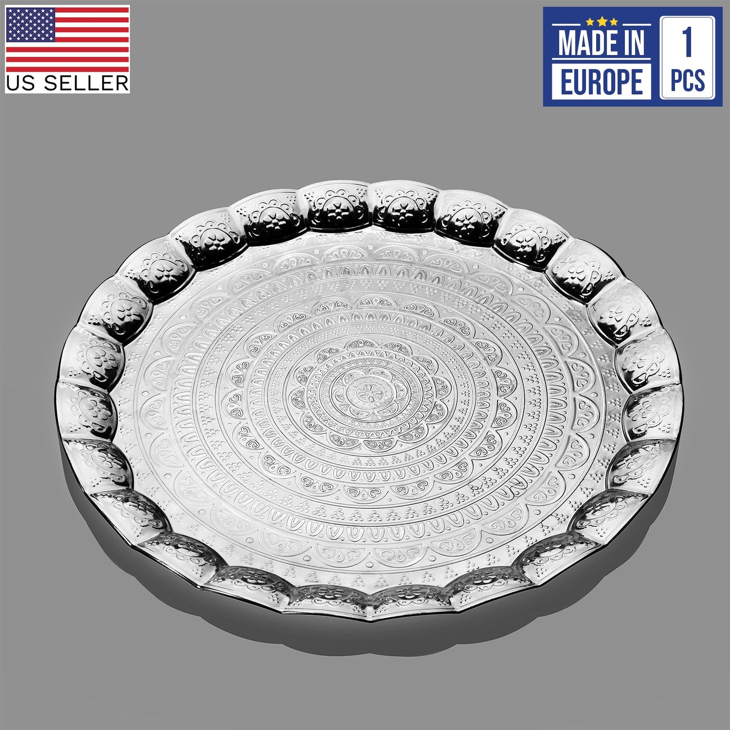 Handmade Wavy Round Serving Tray Embossed — 13.7 Inch