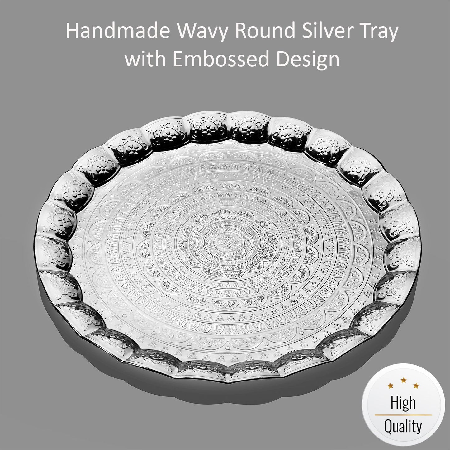 Handmade Wavy Round Serving Tray Embossed — 13.7 Inch