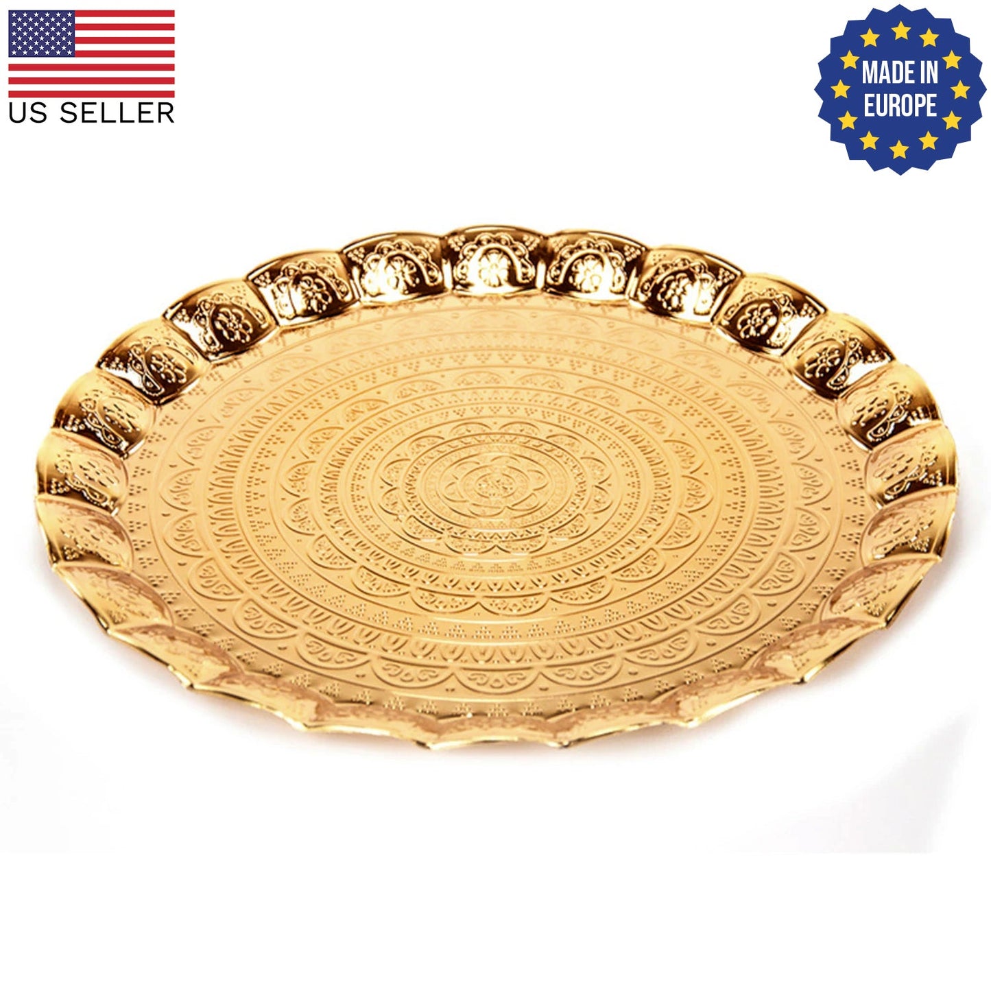 Handmade Wavy Round Serving Tray Embossed — 13.7 Inch