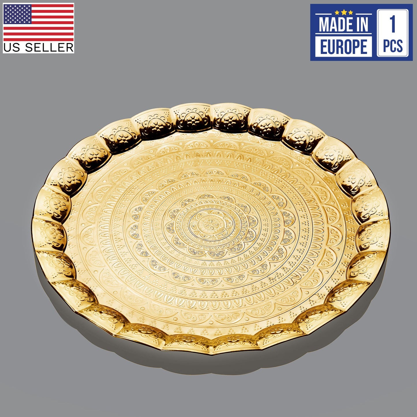 Handmade Wavy Round Serving Tray Embossed — 13.7 Inch