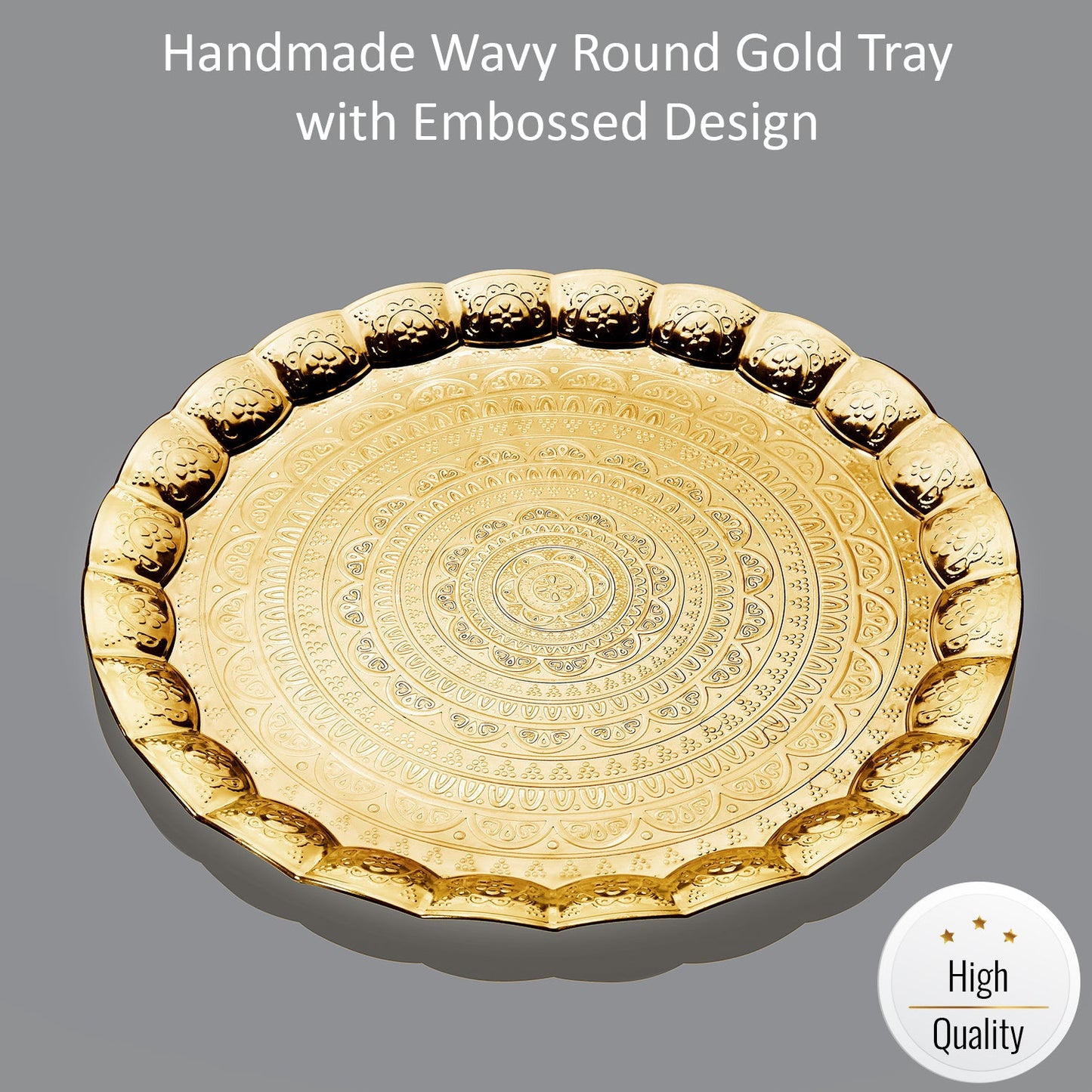 Handmade Wavy Round Serving Tray Embossed — 13.7 Inch