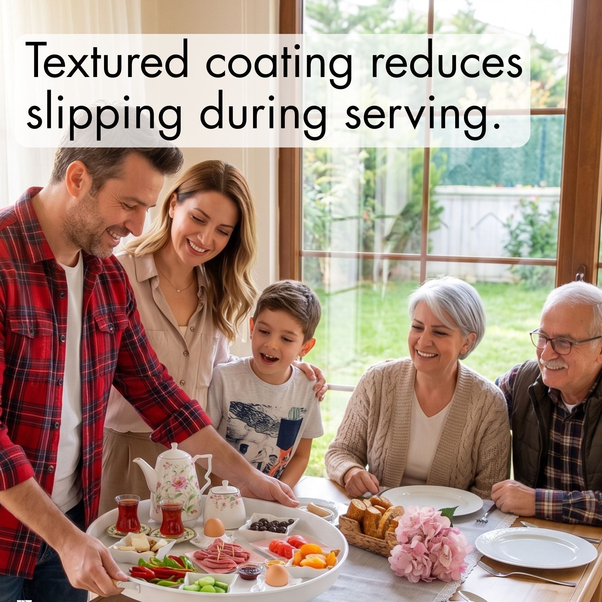 Family gathered around a table with food, emphasizing a textured coating's benefits.