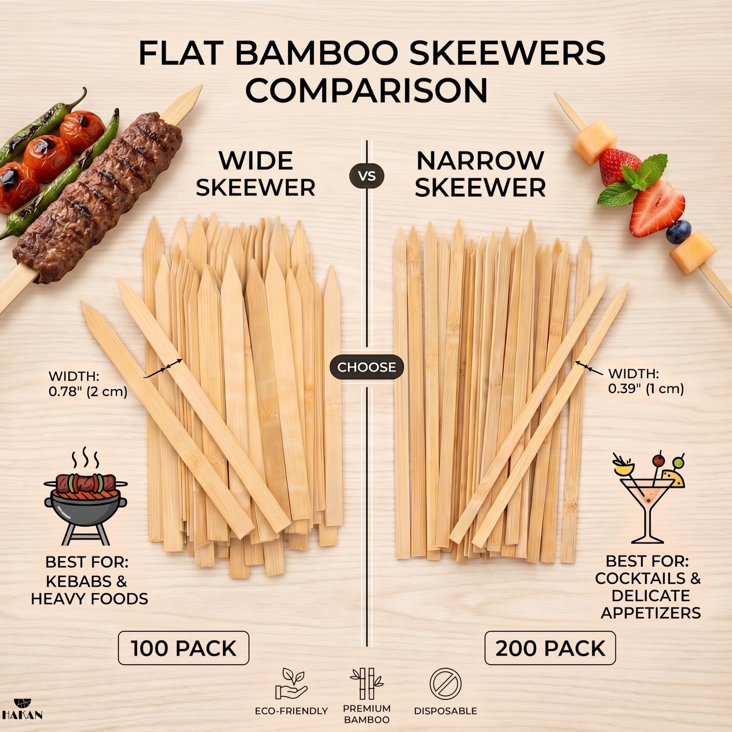 Hakan 9.8”x0.39" Bamboo BBQ Skewers, Flat Kabob Skewers for Grilling, 200 Pcs