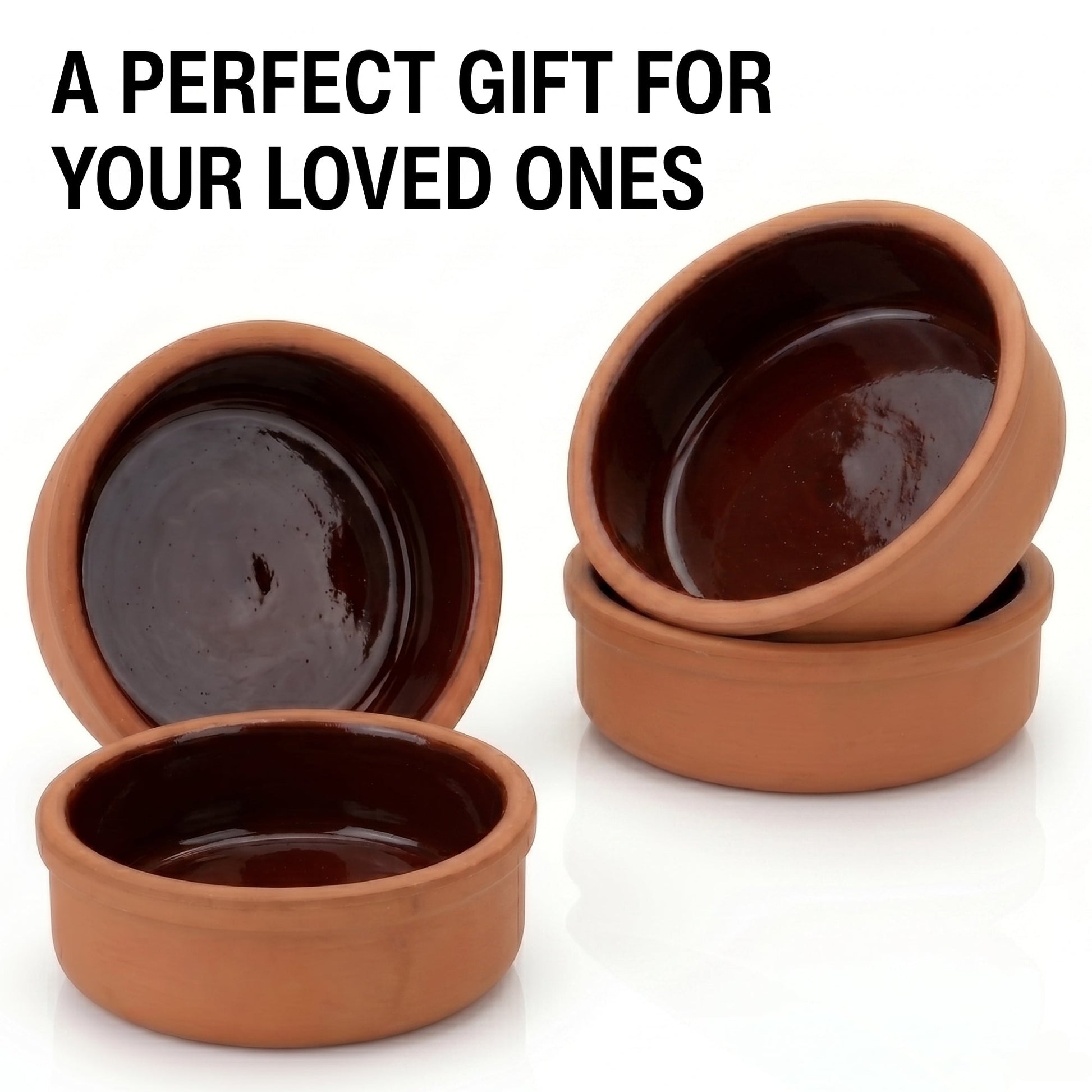 Set of three terracotta bowls with dark liquid on a white background, labeled 'A Perfect Gift For Your Loved Ones'.