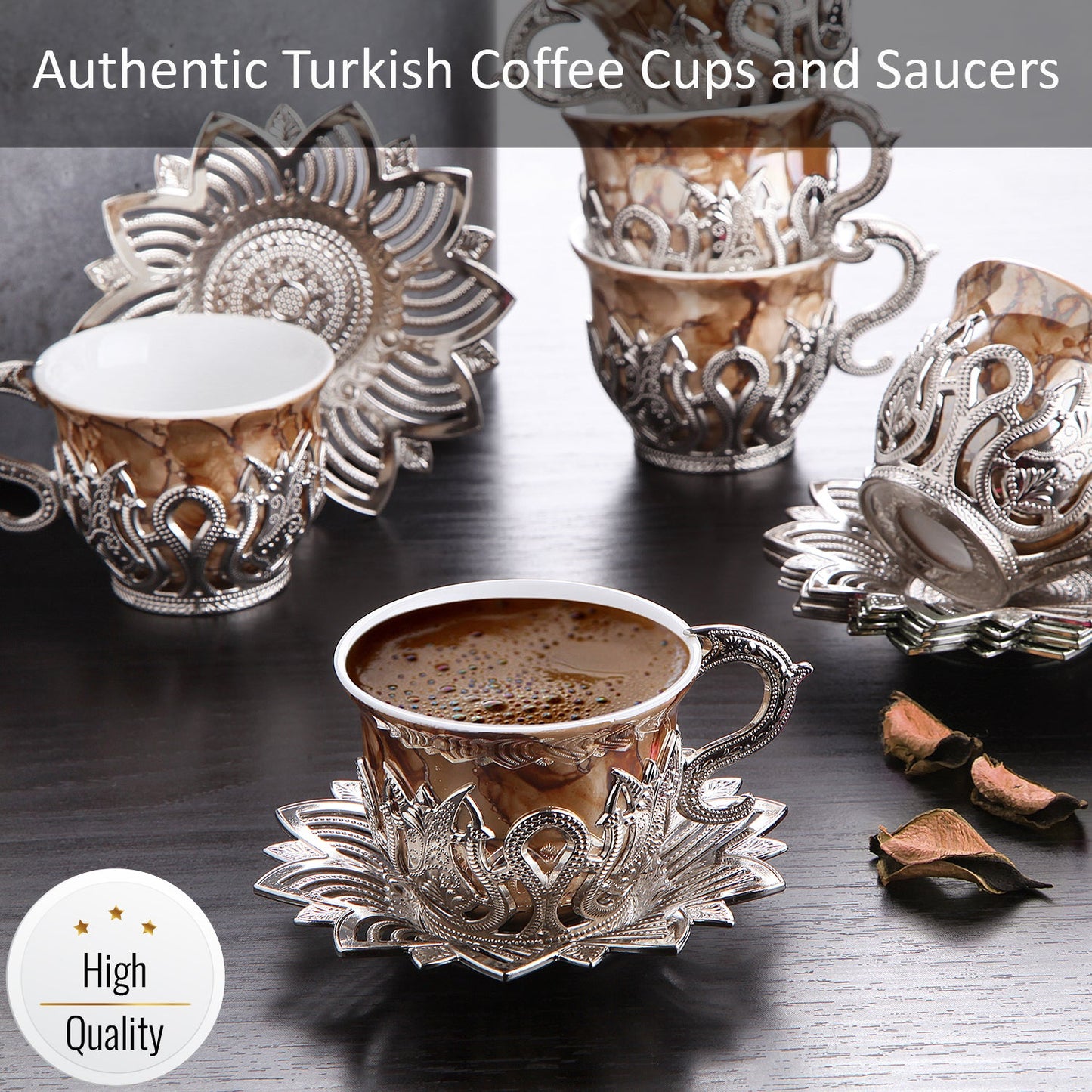 Turkish Coffee Cup Set Metal Saucers & Holders — Ahsen, 2.5 Oz