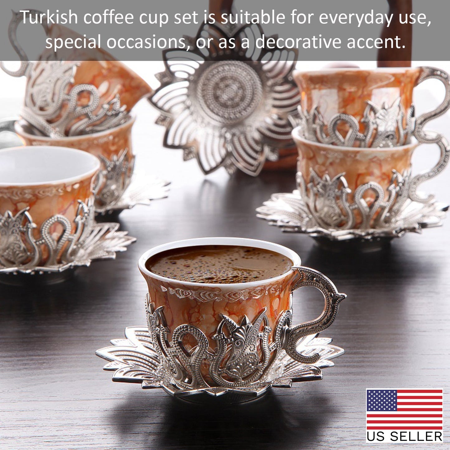 Turkish Coffee Cup Set Metal Saucers & Holders — Ahsen, 2.5 Oz