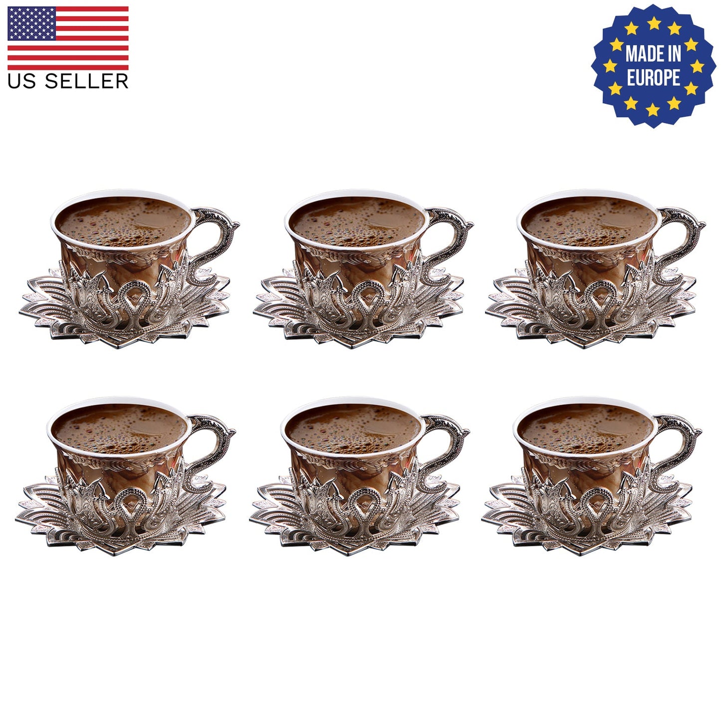 Turkish Coffee Cup Set Metal Saucers & Holders — Ahsen, 2.5 Oz