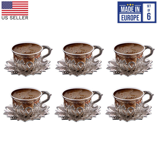 Turkish Coffee Cup Set Metal Saucers & Holders — Ahsen, 2.5 Oz