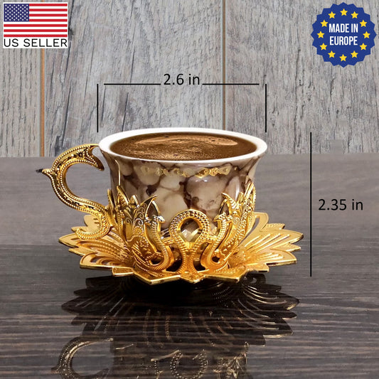 Turkish Coffee Cup Set Metal Saucers & Holders — Ahsen, 2.5 Oz