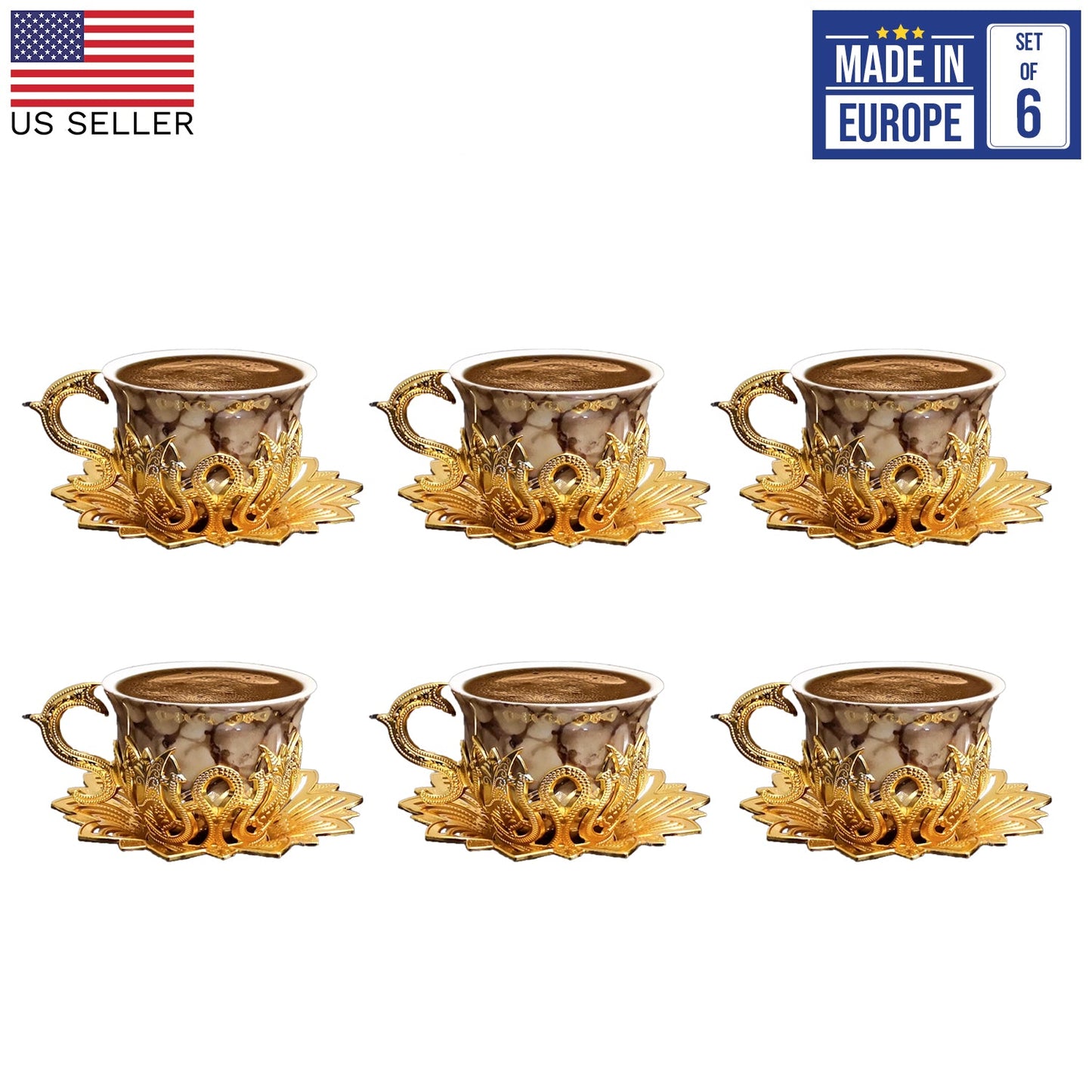 Turkish Coffee Cup Set Metal Saucers & Holders — Ahsen, 2.5 Oz