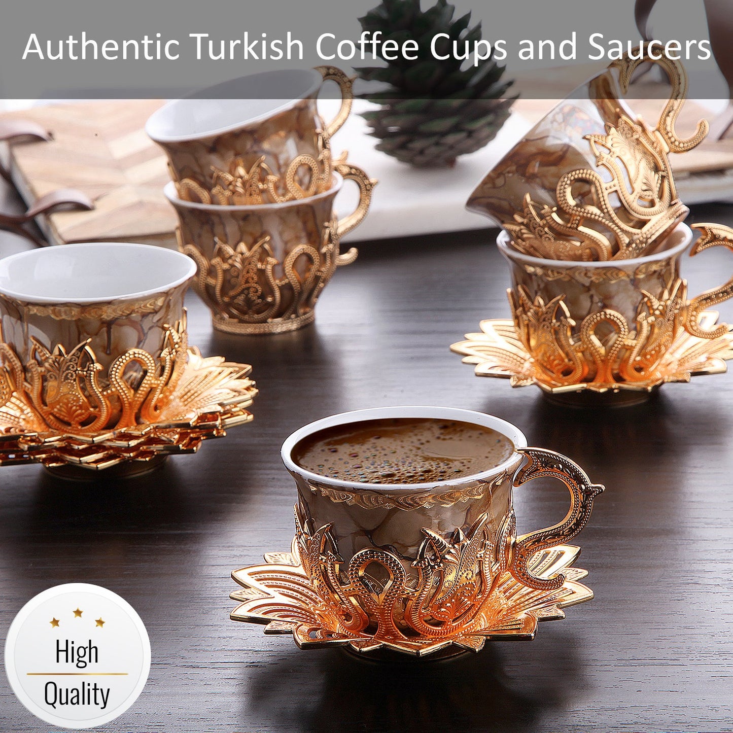 Turkish Coffee Cup Set Metal Saucers & Holders — Ahsen, 2.5 Oz