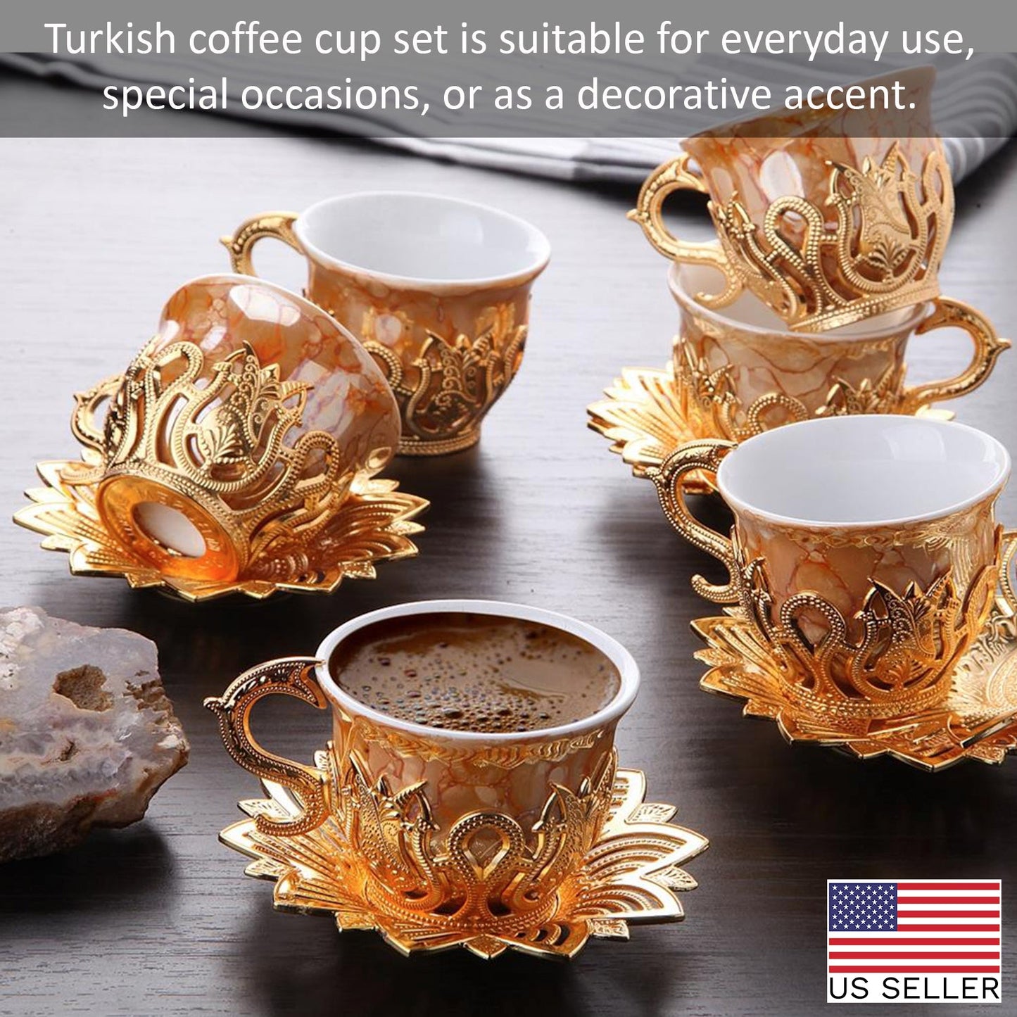 Turkish Coffee Cup Set Metal Saucers & Holders — Ahsen, 2.5 Oz