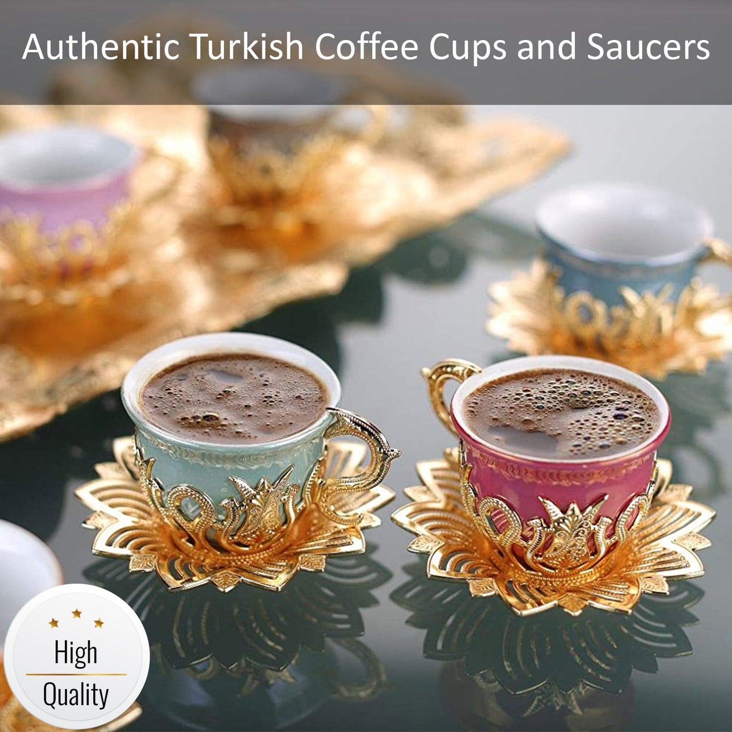 Turkish Coffee Cup Set Colorful 18 Piece — Ahsen, 2.5 Oz Gold