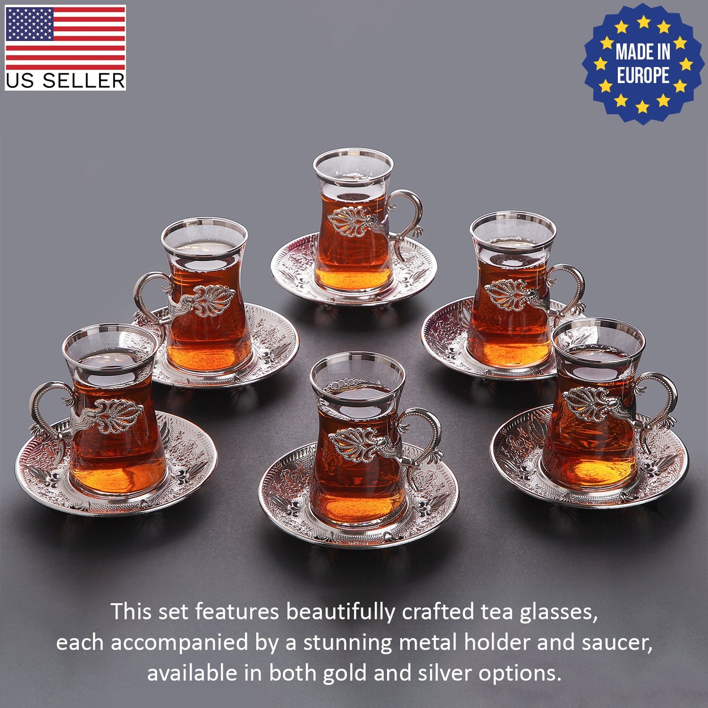 Turkish Tea Set with Saucers and Holders — 5 Oz