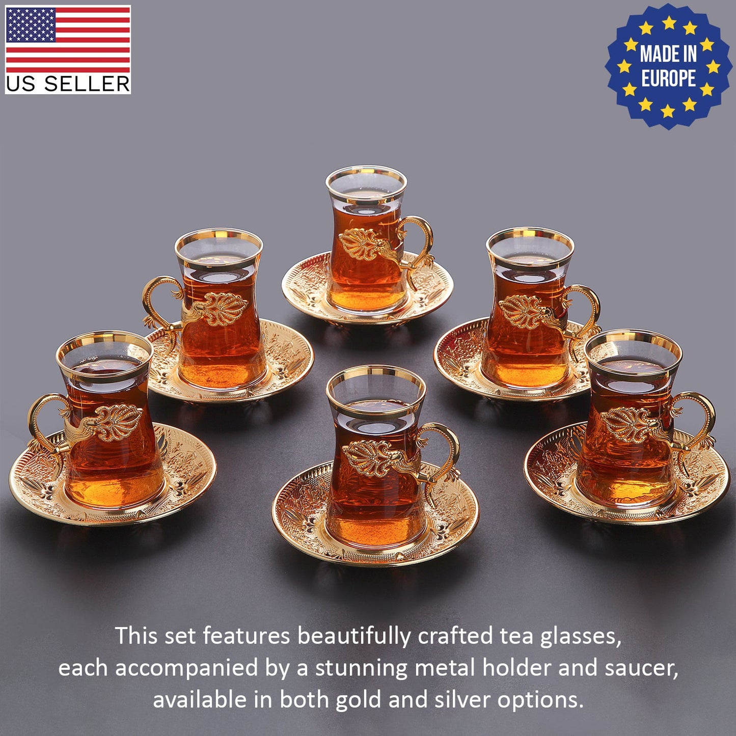 Turkish Tea Set with Saucers and Holders — 5 Oz