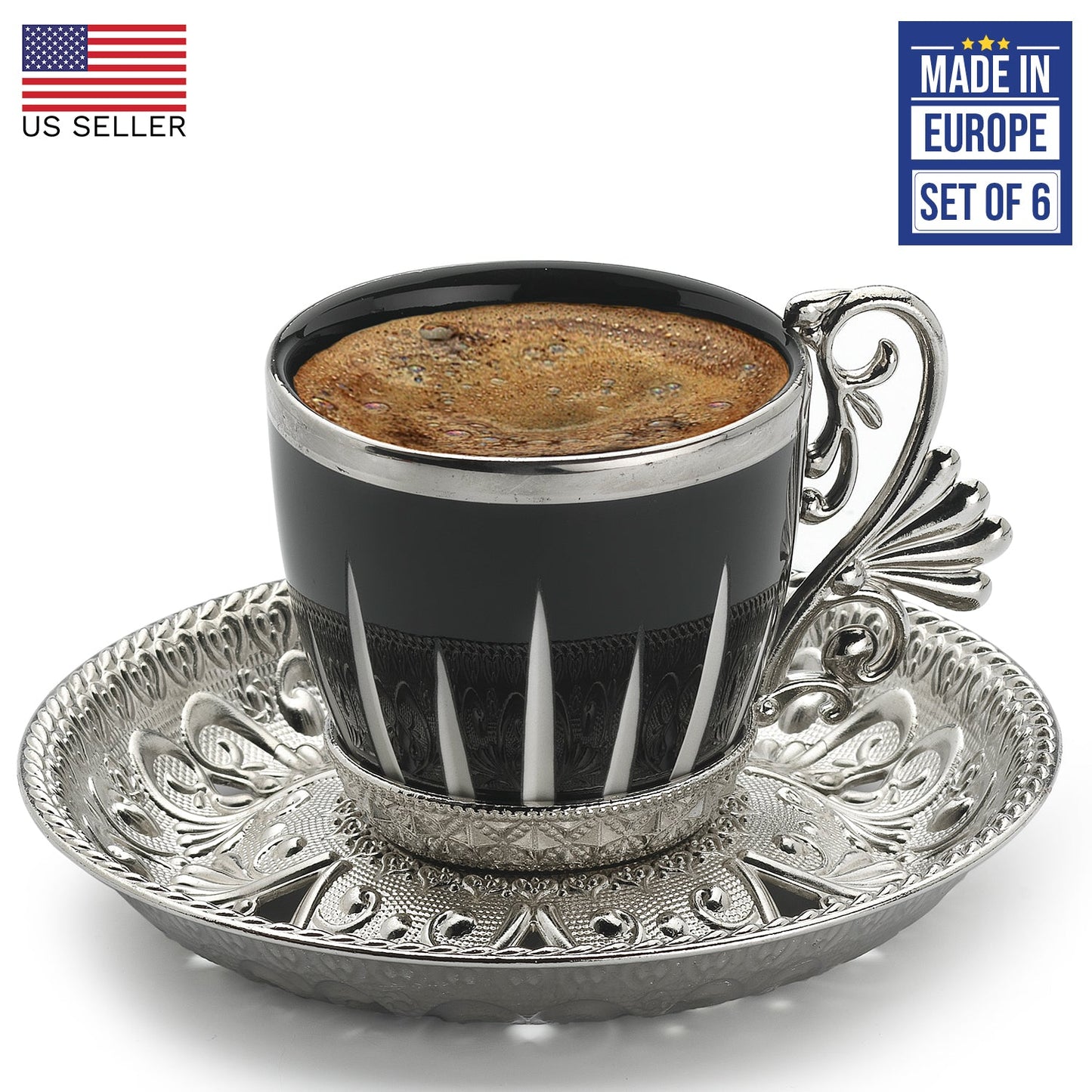 Turkish Coffee Cups Set with Saucers and Cup Holders — 2.5 Oz