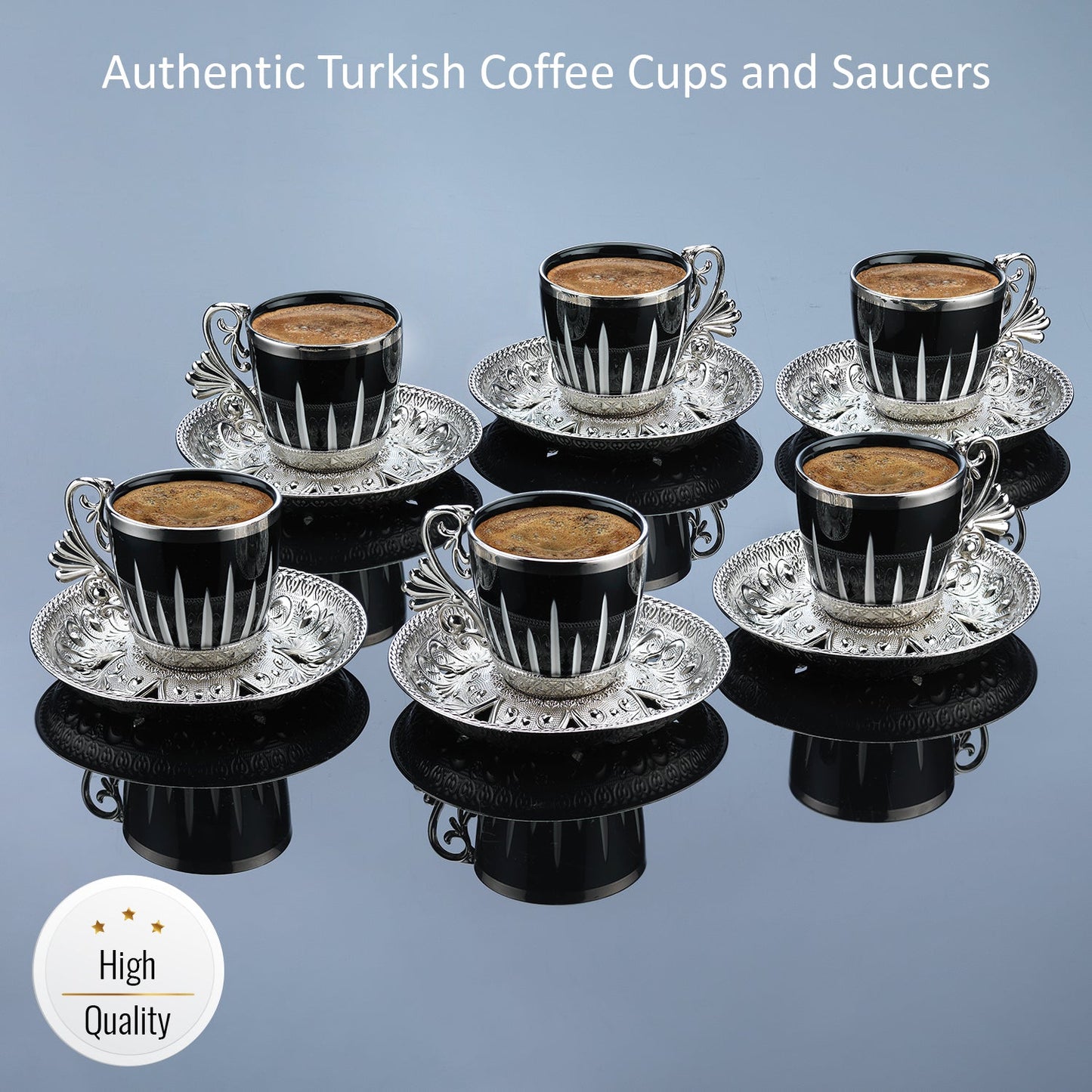 Turkish Coffee Cups Set with Saucers and Cup Holders — 2.5 Oz