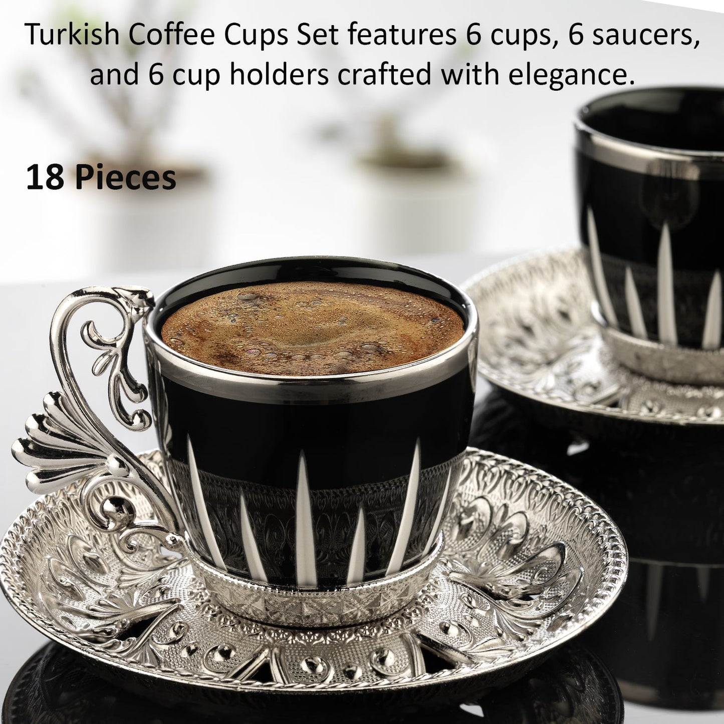 Turkish Coffee Cups Set with Saucers and Cup Holders — 2.5 Oz