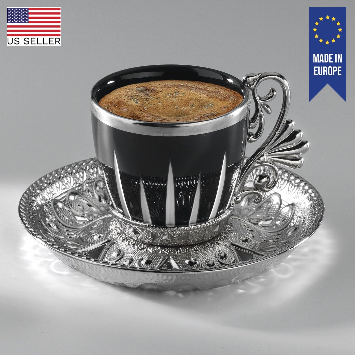 Turkish Coffee Cups Set with Saucers and Cup Holders — 2.5 Oz