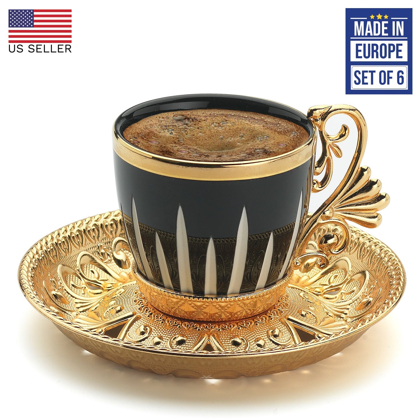 Turkish Coffee Cups Set with Saucers and Cup Holders — 2.5 Oz