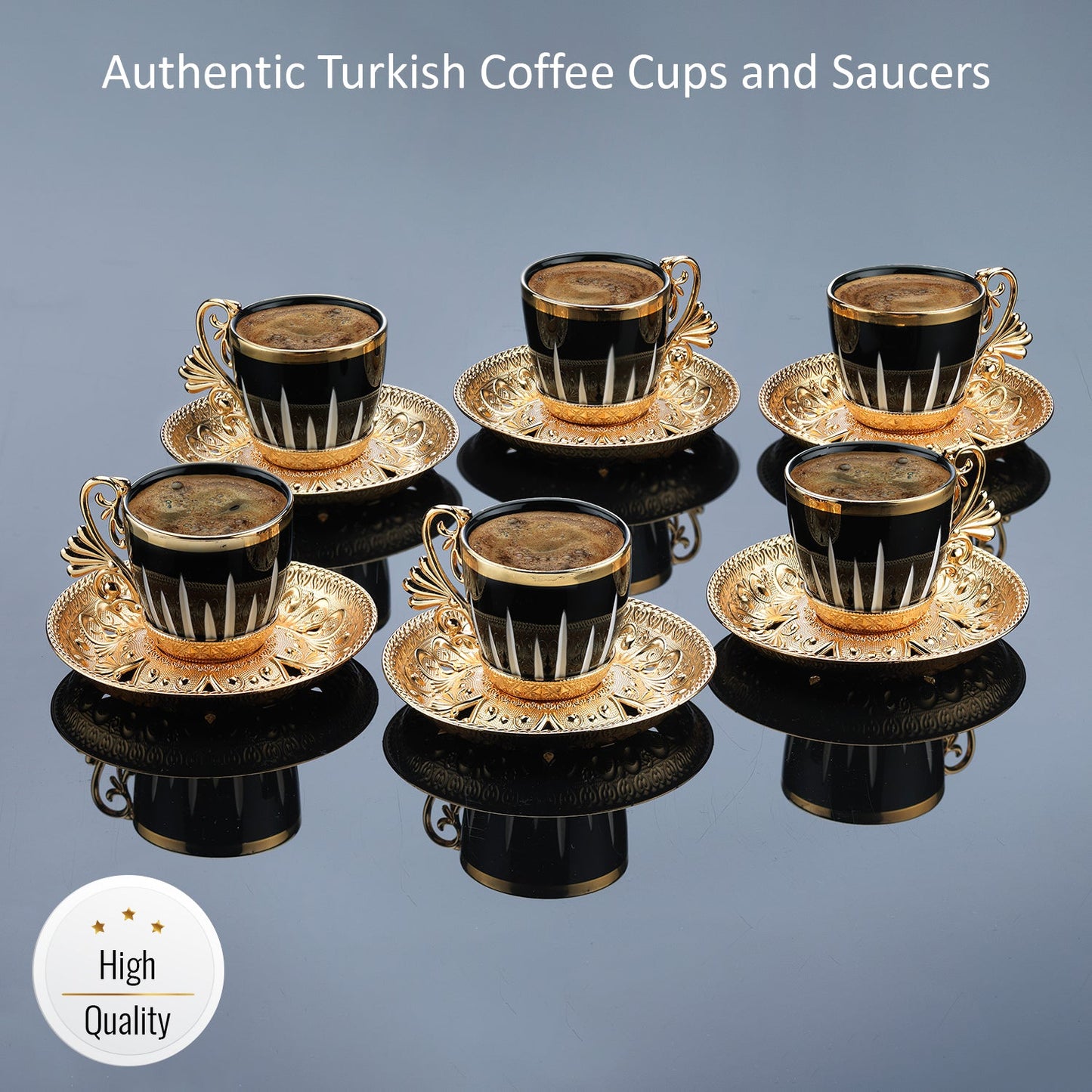 Turkish Coffee Cups Set with Saucers and Cup Holders — 2.5 Oz