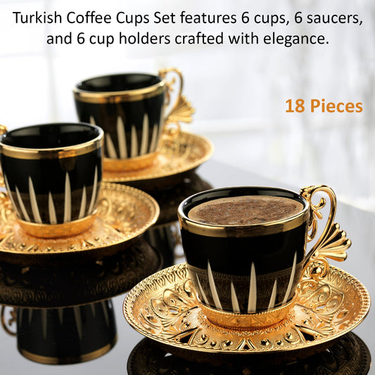 Turkish Coffee Cups Set with Saucers and Cup Holders — 2.5 Oz