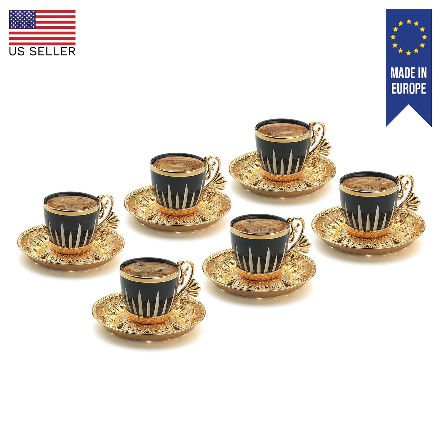 Turkish Coffee Cups Set with Saucers and Cup Holders — 2.5 Oz