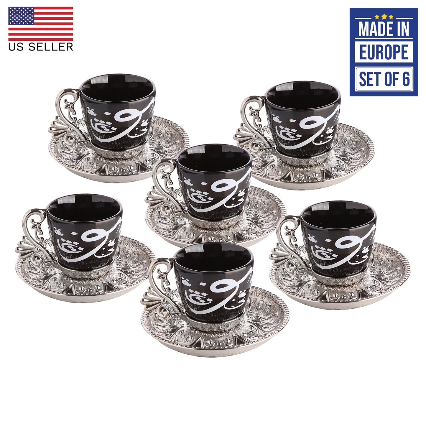 Turkish Espresso Cup Set Silver 18 Piece — 2.5 Oz, Serving Style