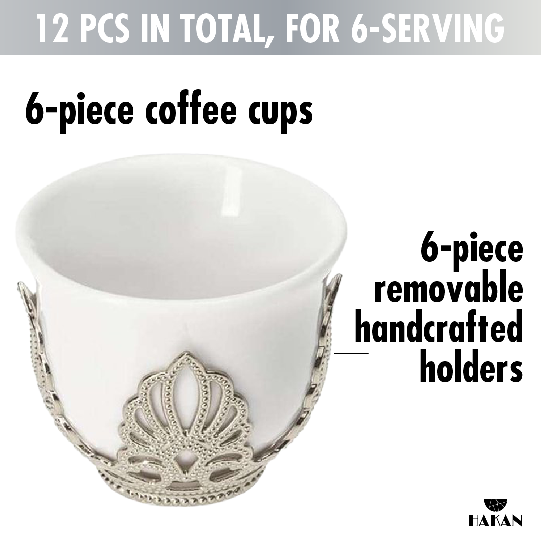 Mirra Coffee Cups with Holders 6 Piece — 1.8 Oz Gold or Silver