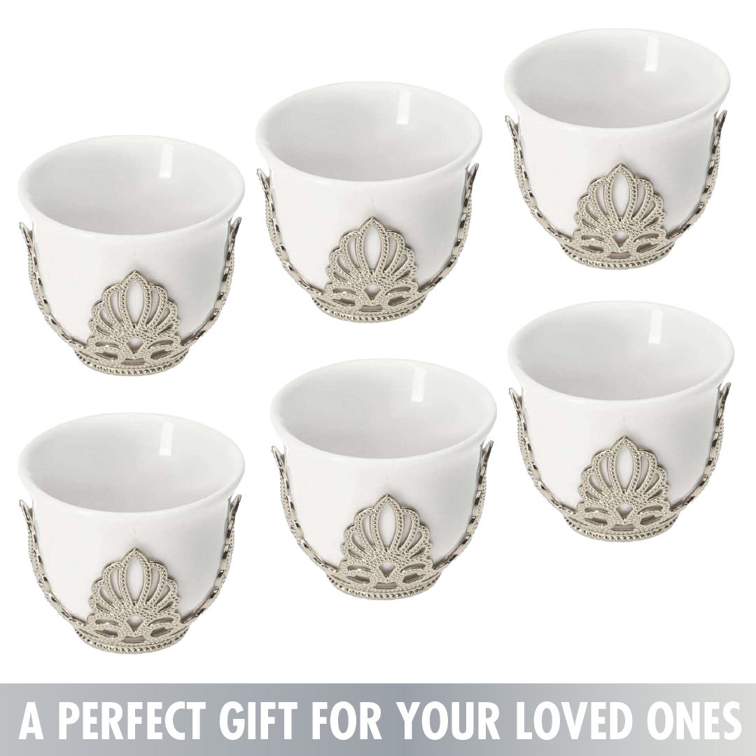 Mirra Coffee Cups with Holders 6 Piece — 1.8 Oz Gold or Silver