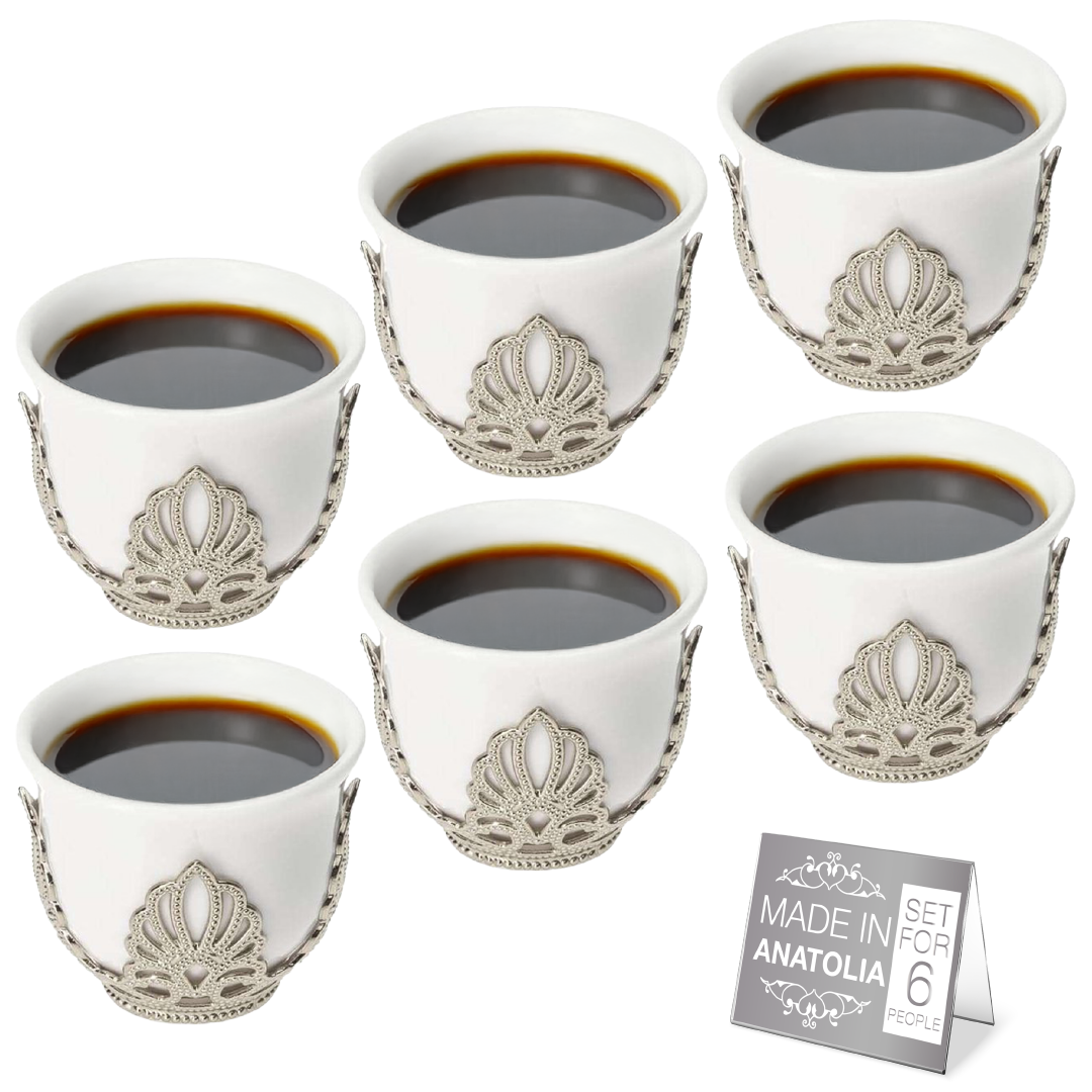 Mirra Coffee Cups with Holders 6 Piece — 1.8 Oz Gold or Silver