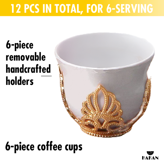 Mirra Coffee Cups with Holders 6 Piece — 1.8 Oz Gold or Silver