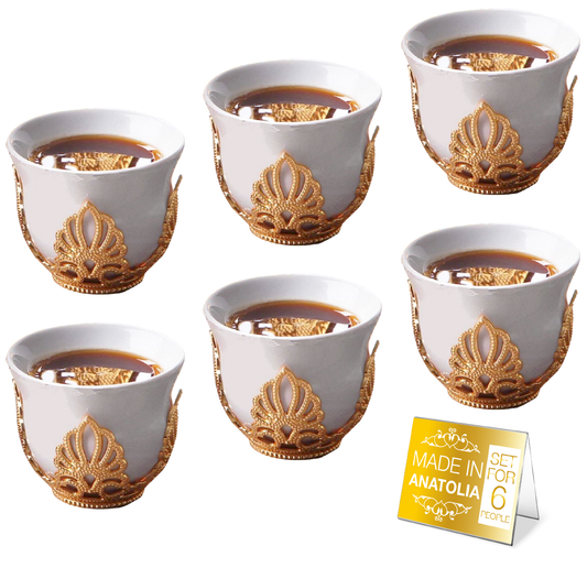 Mirra Coffee Cups with Holders 6 Piece — 1.8 Oz Gold or Silver