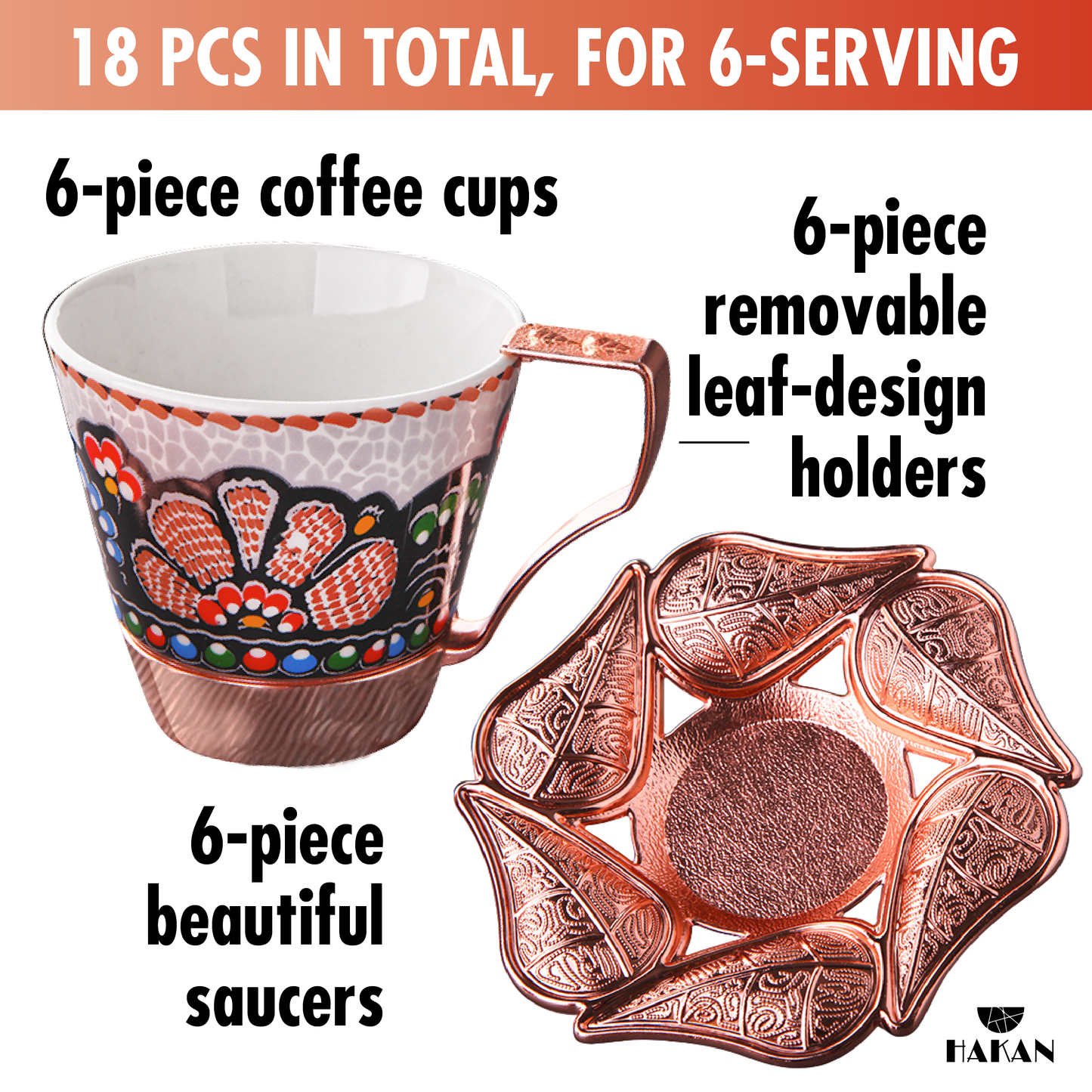 Turkish Coffee Cup Set Leaf Design Saucers — 18 Piece, 2 Sizes
